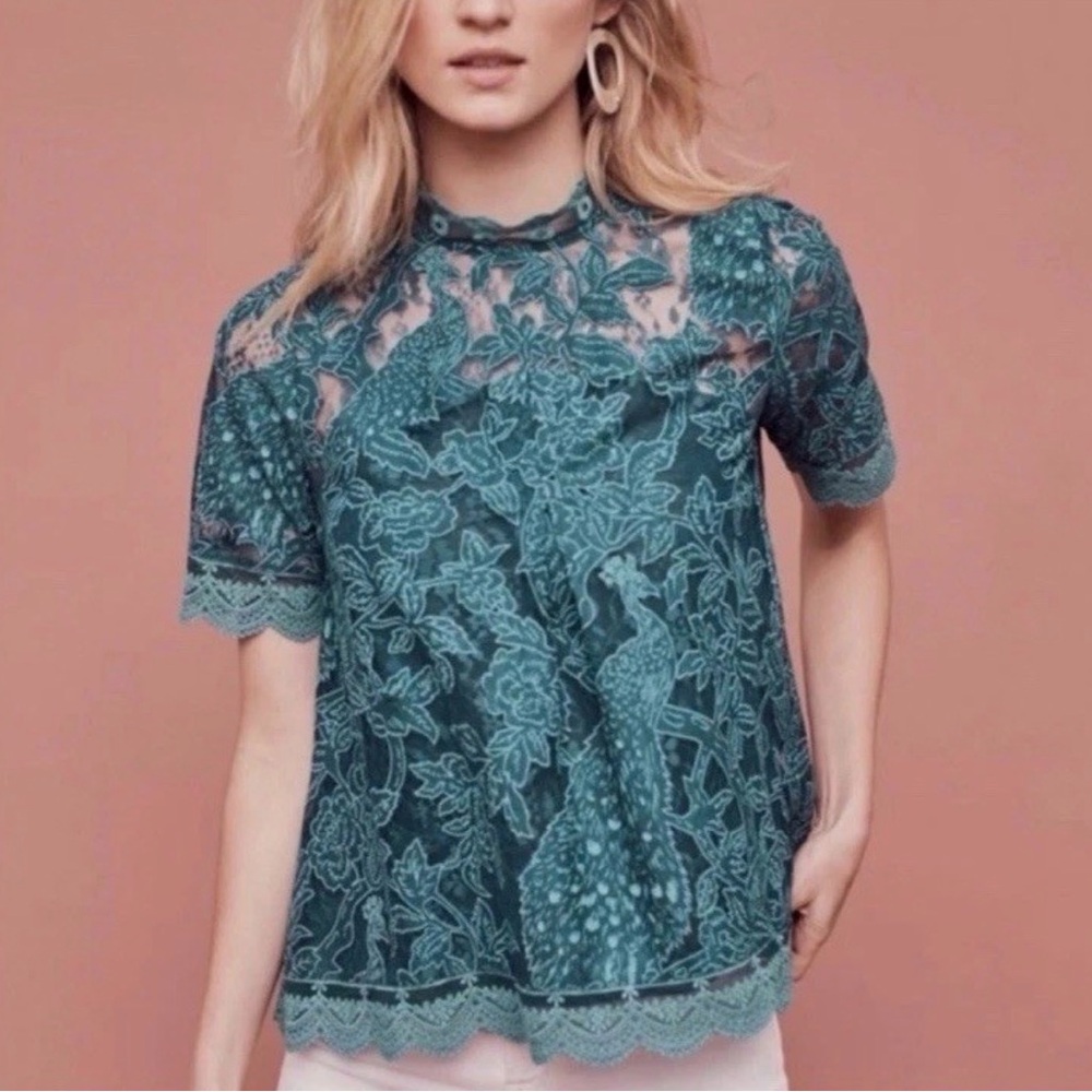 Teal Anthro Lace Floral Top